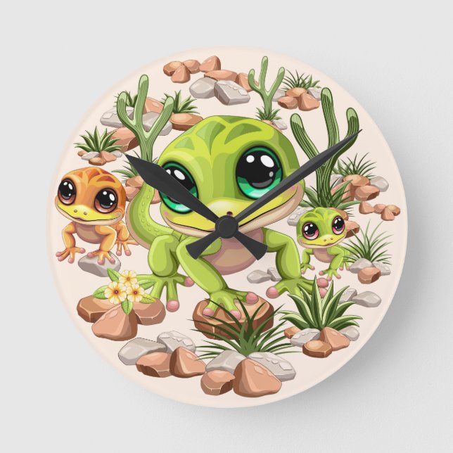 Baby Geckos Cute Cartoon Characters Round Clock (Front)