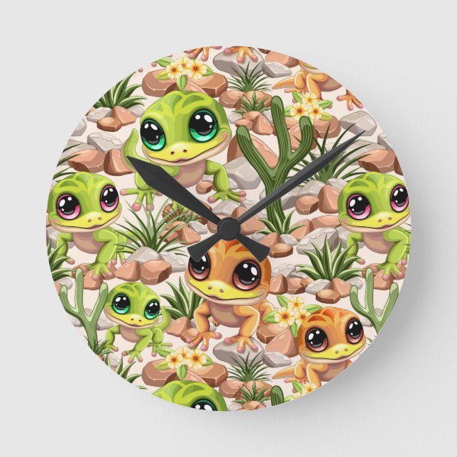 Baby Geckos Cute Cartoon Characters Round Clock (Front)