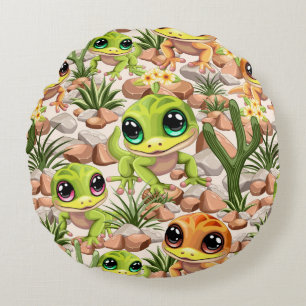 Baby Geckos Cute Cartoon Characters Round Cushion