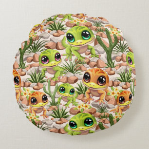 Baby Geckos Cute Cartoon Characters Round Cushion