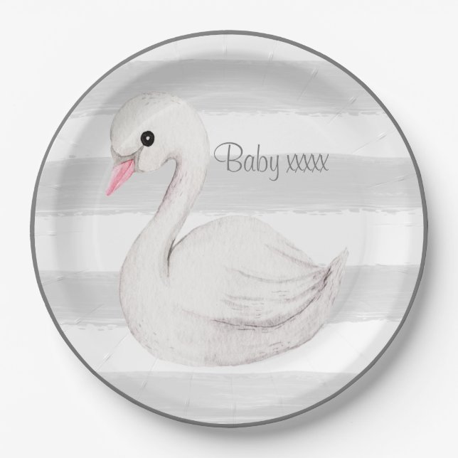 Baby Gender Neutral Swan Grey Script Baby Shower Paper Plate (Front)