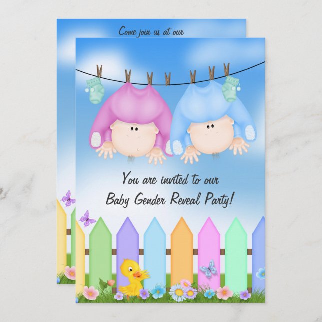 Baby Gender Reveal- babies on clothesline Invitation (Front/Back)