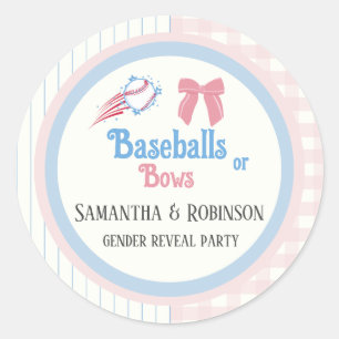Baby gender reveal Baseballs or Bows Classic Round Sticker