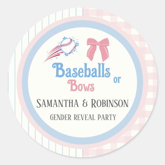 Baby gender reveal Baseballs or Bows Classic Round Sticker (Front)