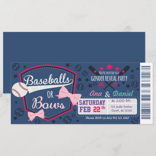 Baby gender reveal - Baseballs or Bows Invitation (Front/Back)