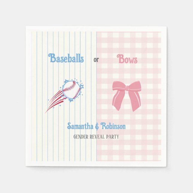 Baby gender reveal Baseballs or Bows Napkin (Front)