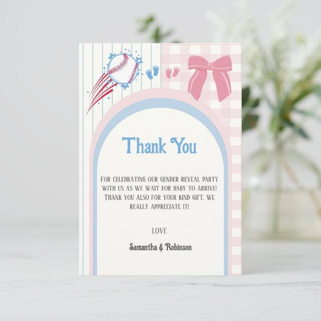 Baby gender reveal Baseballs or Bows Thank You Card (Standing Front)