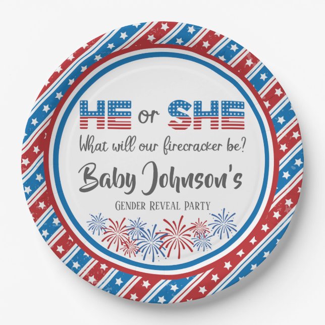 Baby Gender Reveal - Firecracker 4th of July Paper Plate (Front)
