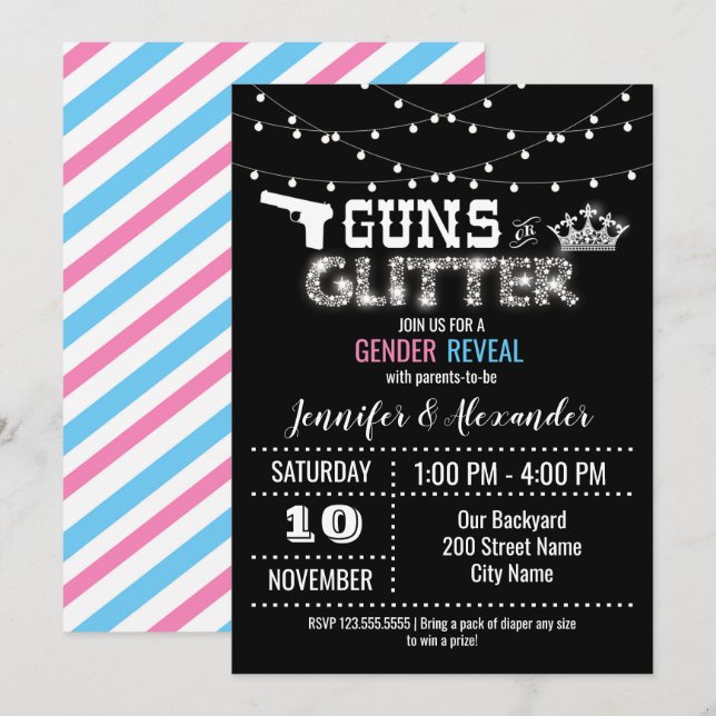 Baby Gender Reveal Guns or Glitter Invitation (Front/Back)