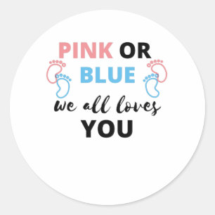 Baby Gender Reveal Ideas Pink Or Blue We All Love Classic Round Sticker