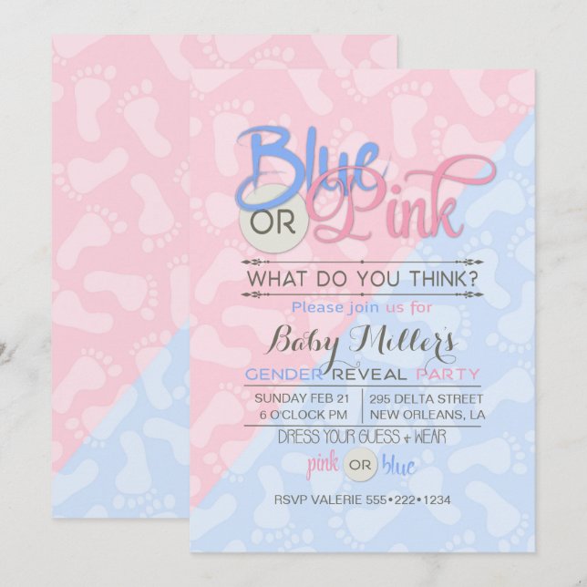 Baby Gender Reveal Party Pink Blue Footprint Invitation (Front/Back)