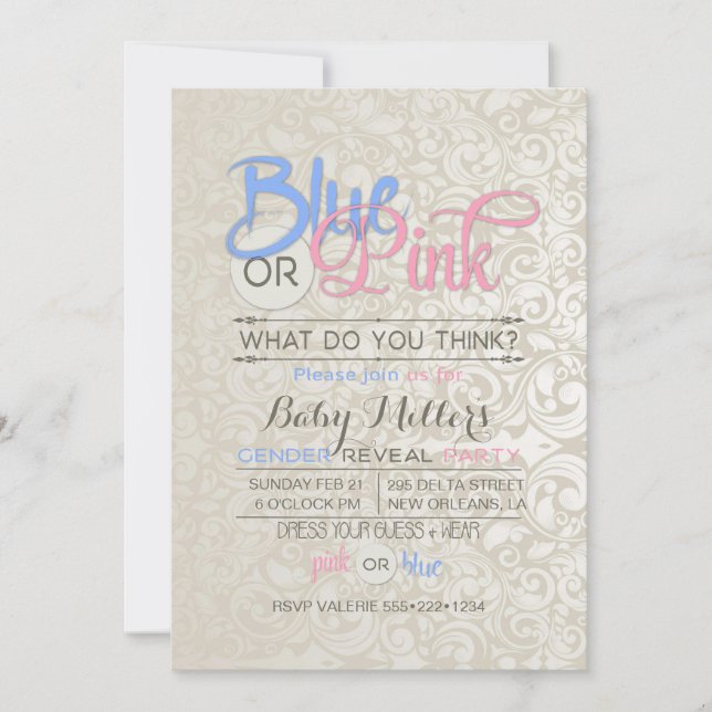 Baby Gender Reveal Party Satin Damask Invitation (Front)