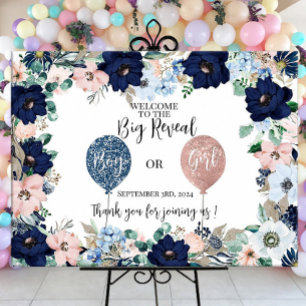 Baby gender reveal pink blue flowers party sign
