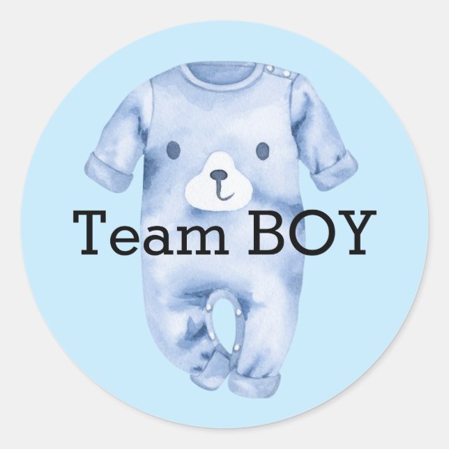 Baby gender reveal team boy classic round sticker (Front)