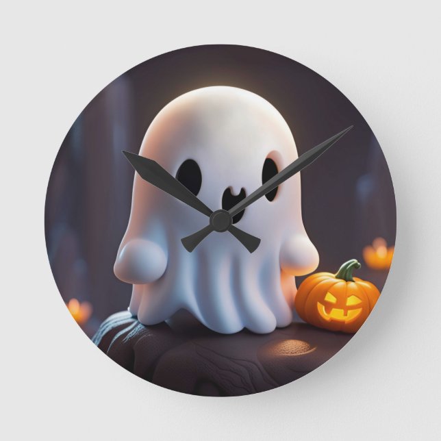 Baby Ghost Creepy Cute Halloween Character Round Clock (Front)