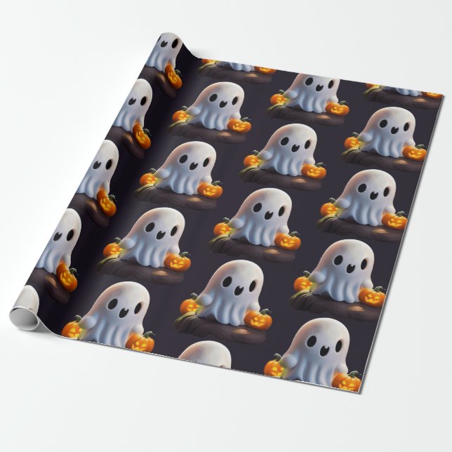 Baby Ghost Creepy Cute Halloween Character Wrapping Paper (Unrolled)