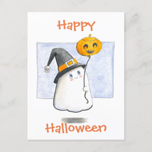 Baby Ghost With A Balloon/ Happy Halloween Holiday Postcard