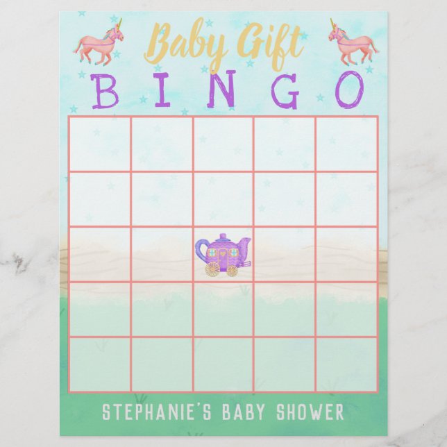 Baby Gift Bingo Cute Unicorn Tea Party Shower Flyer (Front)