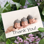 Baby Gift Triplets Thank You Newborn Baby Shower Card<br><div class="desc">Baby Gift Triplets Thank You Newborn Baby Shower Thank You Cards features your favourite photo with the text "Thank You" in elegant modern black script on the front and an additional photo and your personalised message on the reverse. Personalise by editing the text in the text boxes provided. PHOTO TIP:...</div>