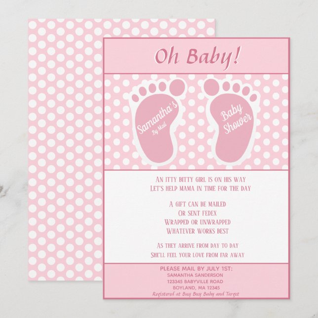 Baby Gir Long Distance Baby Shower Baby Foot Print Invitation (Front/Back)