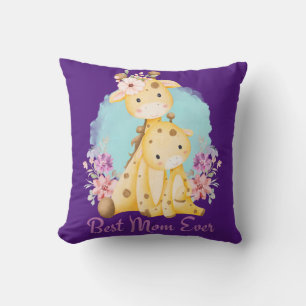 Baby Giraffe and Mum Purple Themed Best Mum Ever Cushion
