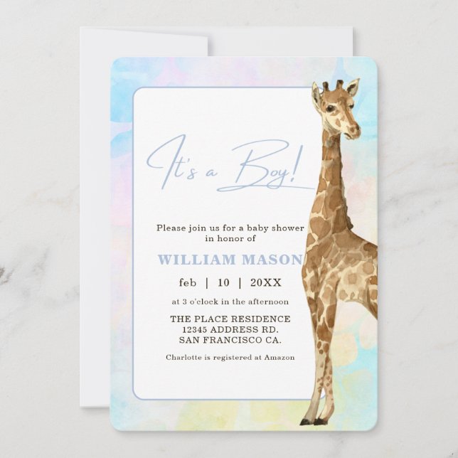 Baby Giraffe Baby Shower Blue I's a Boy Invitation (Front)