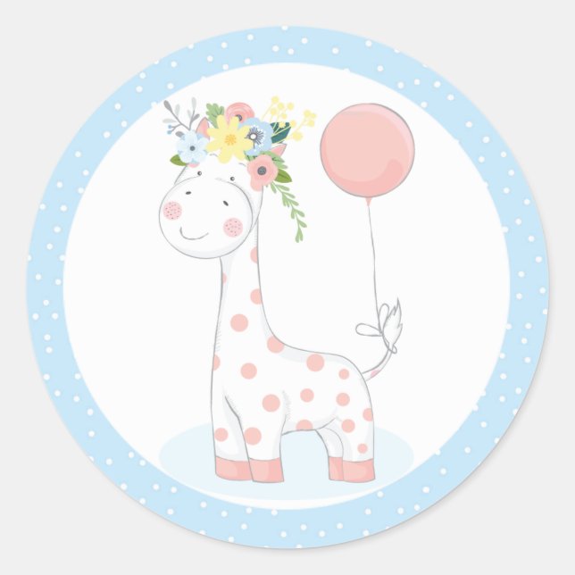 Baby Giraffe Balloon Floral Crown Pastel Blue Zoo  Classic Round Sticker (Front)