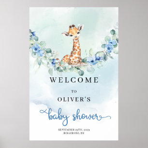 Baby giraffe blue flowers Boy Baby Shower Welcome Poster