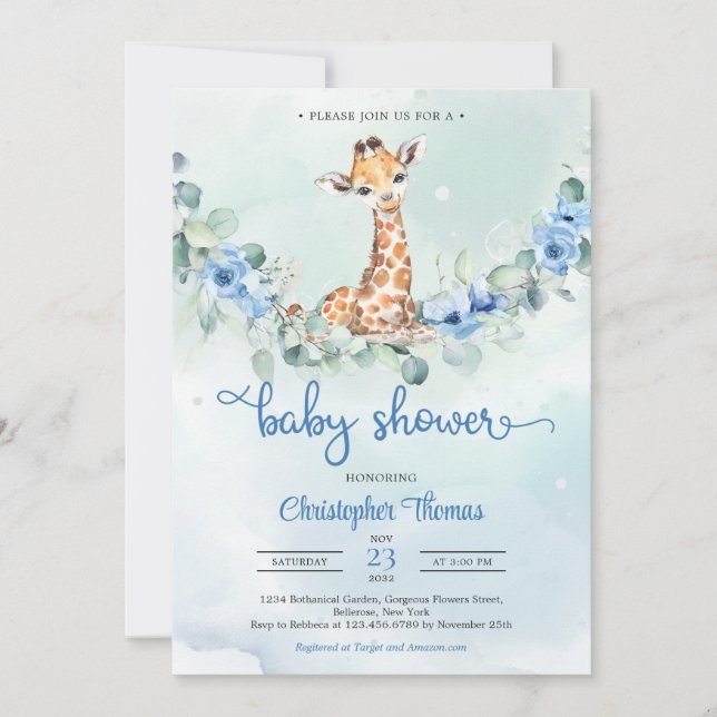 Baby giraffe blue flowers eucalyptus Baby Shower Invitation (Front)