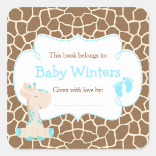 Baby Giraffe Blue Shower Bookplate Square Sticker