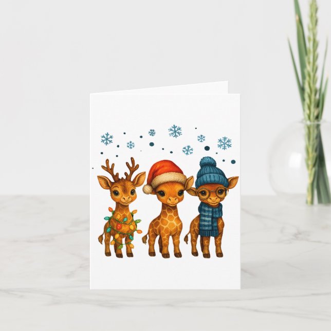 Baby Giraffe Christmas Lights Santa Hat Reindeer W Card (Front)