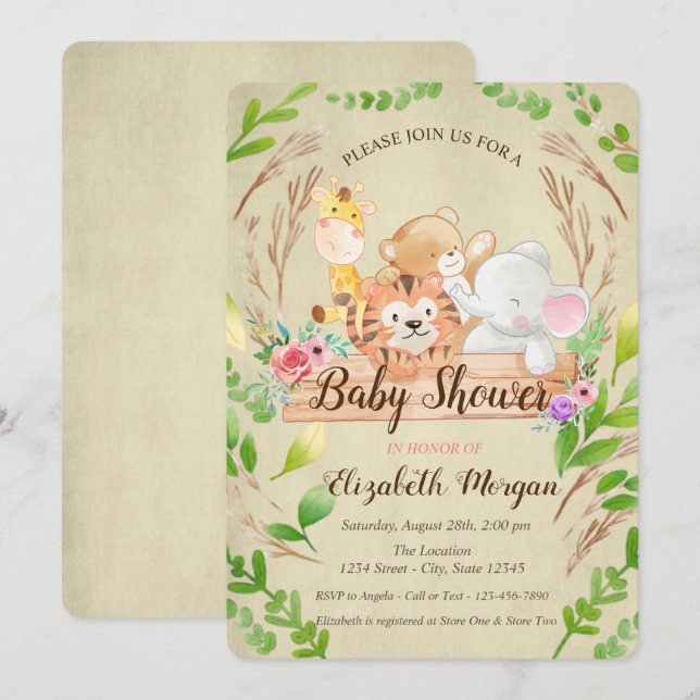 Baby Giraffe,Elephant,Bear,Tiger Leaf Baby Shower Invitation (Front/Back)