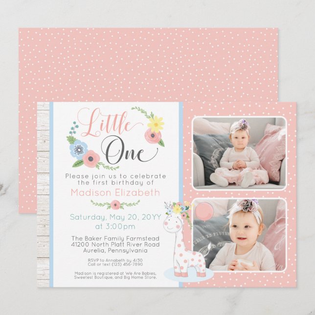 Baby Giraffe First Birthday Floral Photo Collage Invitation (Front/Back)