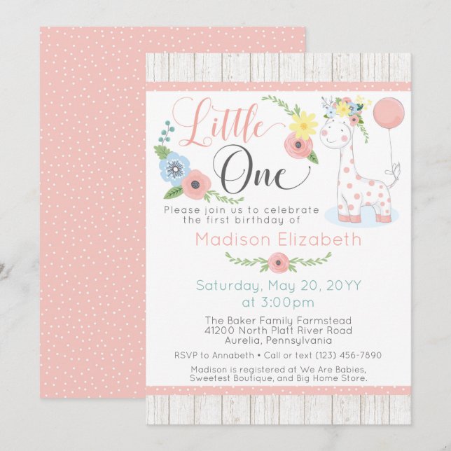Baby Giraffe First Birthday Floral & Rustic Wood Invitation (Front/Back)