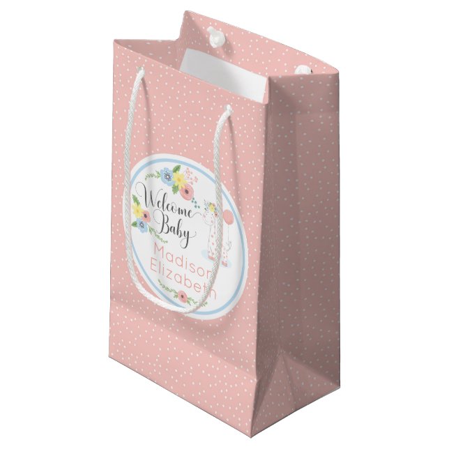 Baby Giraffe Floral Calf Welcome Baby Custom Small Gift Bag (Front Angled)