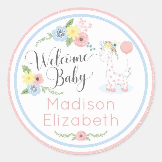 Baby Giraffe Floral Calf Welcome Baby Shower Classic Round Sticker (Front)