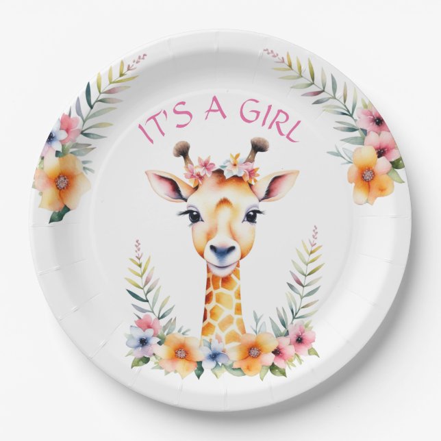 Baby Giraffe Floral, It's a Girl  | Baby Shower Paper Plate (Front)