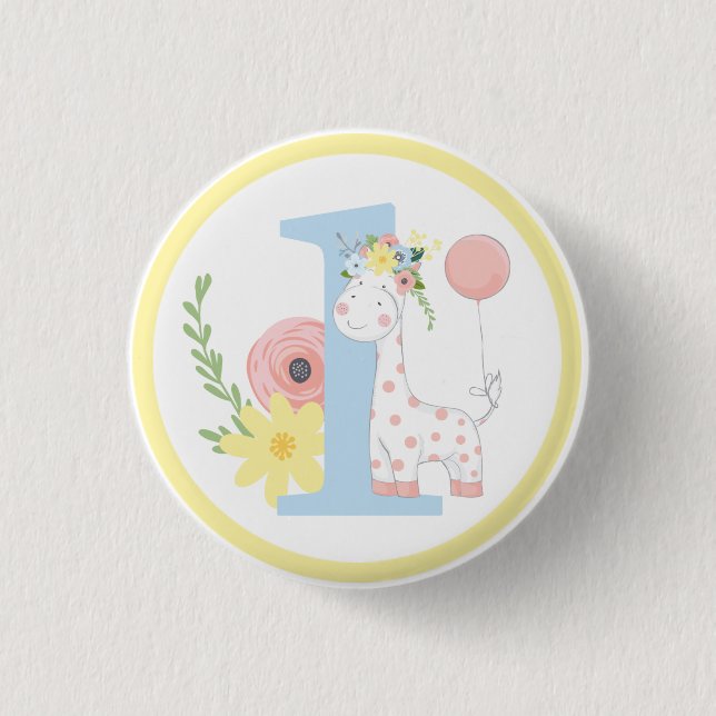 Baby Giraffe Floral Number One 1st Birthday Party 3 Cm Round Badge (Front)