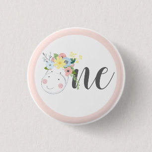 Baby Giraffe Floral Number One 1st Birthday Party 3 Cm Round Badge