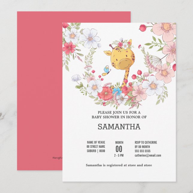Baby giraffe floral wreath cute butterfly pink invitation (Front/Back)