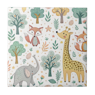 Baby Giraffe, Fox & Elephant Cute Cartoon Animals Tile