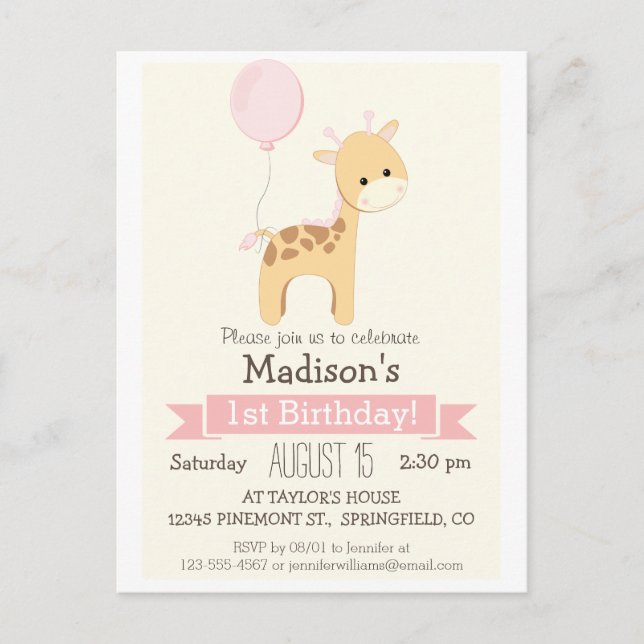 Baby Giraffe Girl's Birthday Party Invitation (Front)