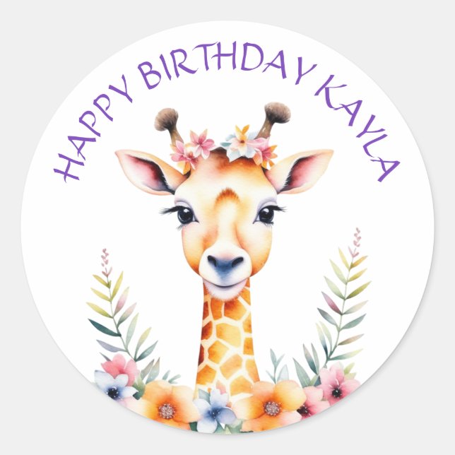 Baby Giraffe in Flowers Girl's Birthday Party Classic Round Sticker (Front)