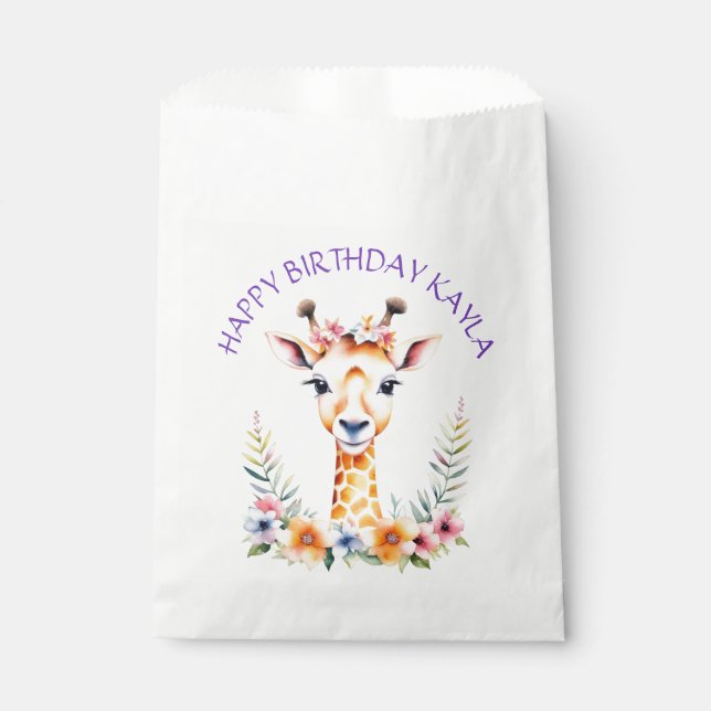 Baby Giraffe in Flowers Girl's Birthday Party Favour Bags (Front)