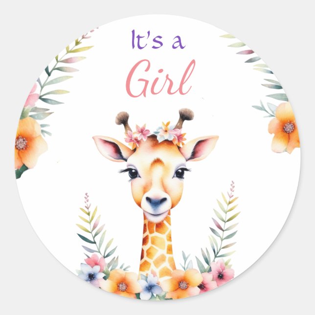 Baby Giraffe in Flowers, It's a Girl | Baby Shower Classic Round Sticker (Front)