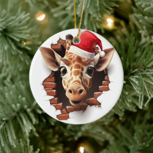Baby Giraffe in Santa Hat - 3D Ceramic Tree Decoration