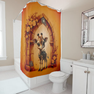 Baby giraffe in steampunk-cartoon shower curtain