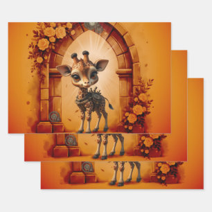 Baby giraffe in steampunk-cartoon wrapping paper sheet