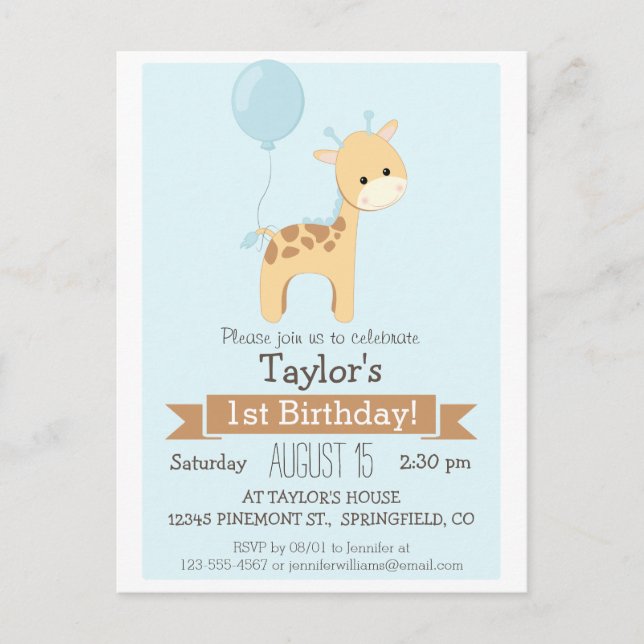 Baby Giraffe Kid's Birthday Party Invitation (Front)