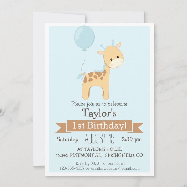 Baby Giraffe Kid's Birthday Party Invitation (Front)
